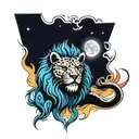 lion, moon, belt, leopard, flame torch, blue clouds, werewolf tattoo design idea
