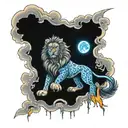 lion, moon, belt, leopard, flame torch, blue clouds, werewolf tattoo design idea
