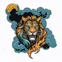 lion, moon, belt, leopard, flame torch, blue clouds, werewolf tattoo design idea