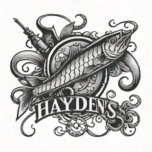 A black-grey tattoo of Hayden's name written in a stylized font, surrounded by fishing hooks and lures to symbolize his importance in your life tattoo design idea