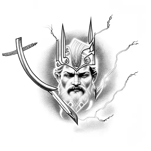 A modern interpretation of Zeus wielding a lightning bolt, with intricate dotwork detailing tattoo design idea