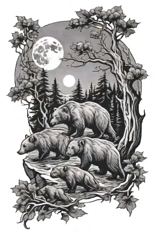 4 bear cubs and 1 big bear all underneath the moon and trees tattoo design idea