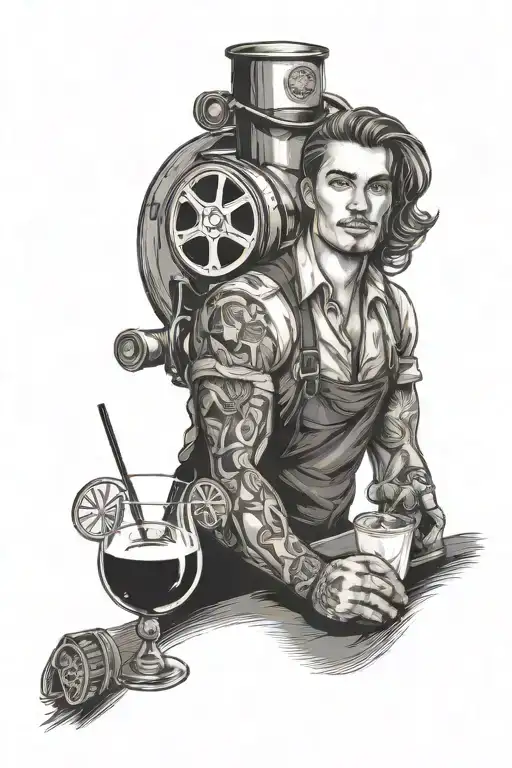 A bartender mixing drinks with a film reel in the background, combining the client's occupation and love for movies tattoo design idea