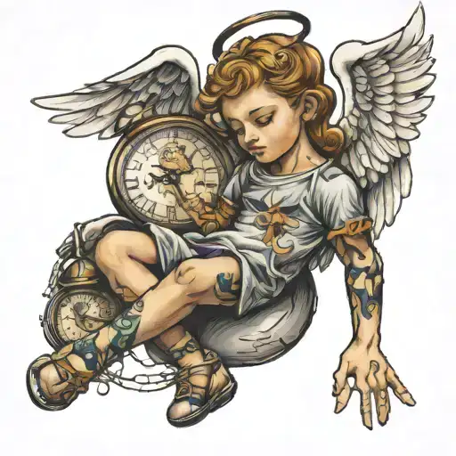 Child angel holding a broken clock tattoo design idea
