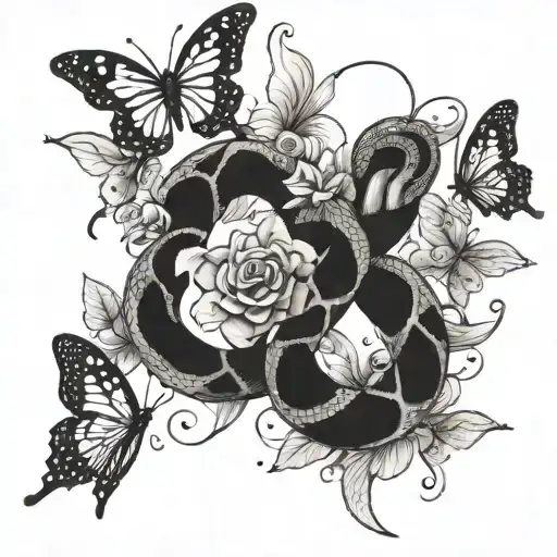 Snake surrounded by flying butterflies tattoo design idea