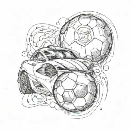 A soccer ball morphing into a music note with a sports car racing in the background tattoo design idea
