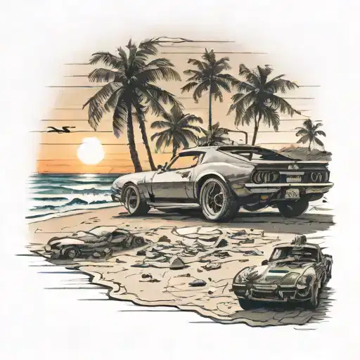 A beach scene with a guitar player serenading the sunset and a sports car parked nearby tattoo design idea