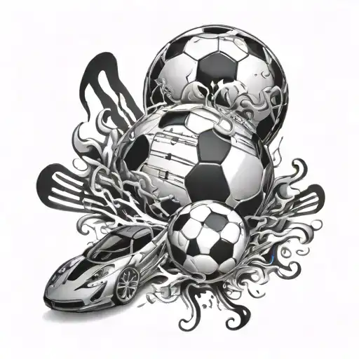 A soccer ball morphing into a music note with a sports car racing in the background tattoo design idea
