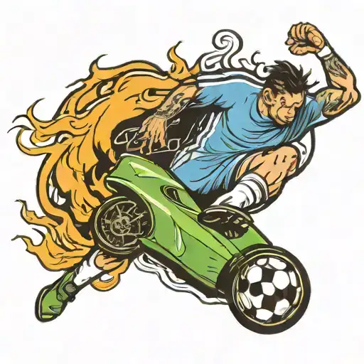 A soccer player kicking a ball through a flaming hoop with a sports car speeding by tattoo design idea
