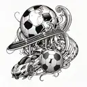A soccer ball morphing into a music note with a sports car racing in the background tattoo design idea