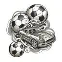 A soccer ball morphing into a music note with a sports car racing in the background tattoo design idea