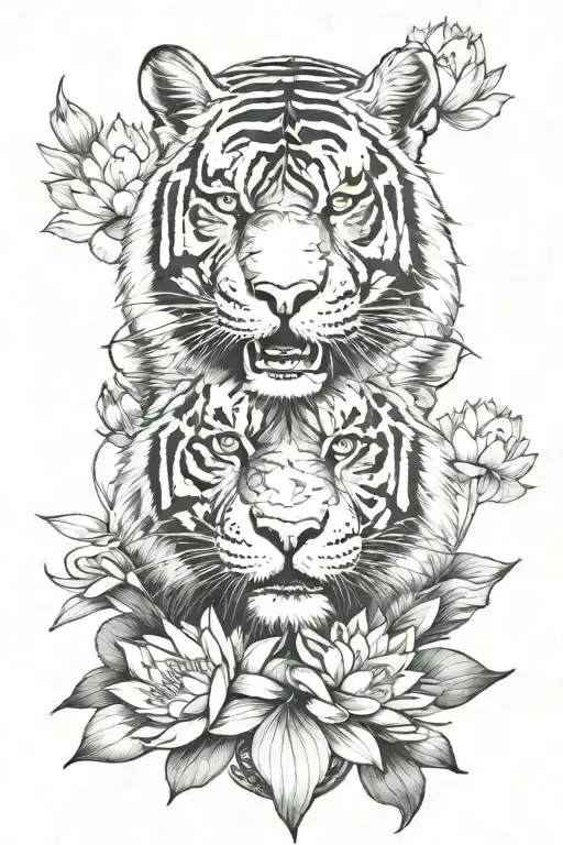 Tiger head with a samurai helmet and a lotus flower underneath tattoo design idea