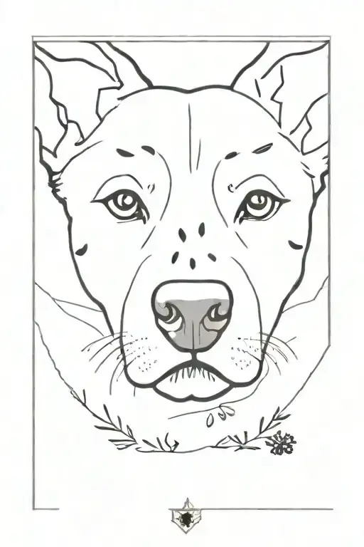 A delicate line drawing of a dog's face with paw prints as a border tattoo design idea