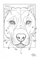A delicate line drawing of a dog's face with paw prints as a border tattoo design idea