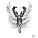Black raven, wings spread demonic tattoo design idea