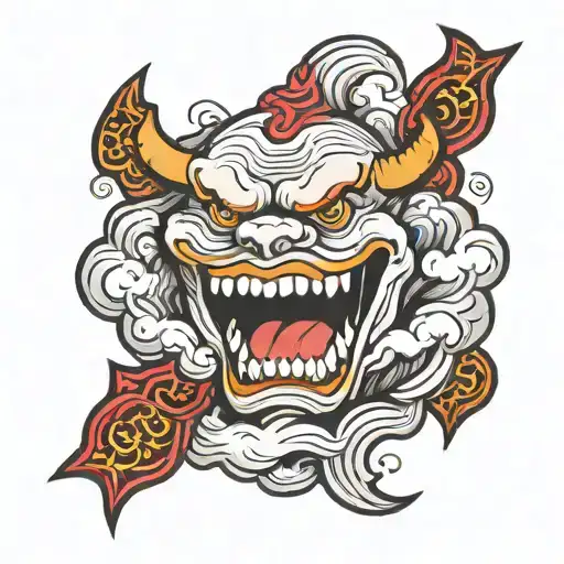 a japanese cloud with a demonic grin. With just lines and simple Blackwork as a tattoo flash inspired by old prison tatt tattoo design idea