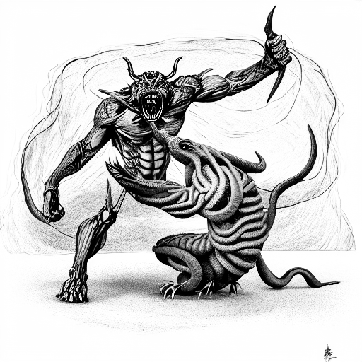 a man fighting a humanoid serpentine demon for his soul tattoo design idea