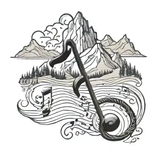 A music note intertwined with a paintbrush and a mountain range, symbolizing your love for music, art, and the outdoors tattoo design idea