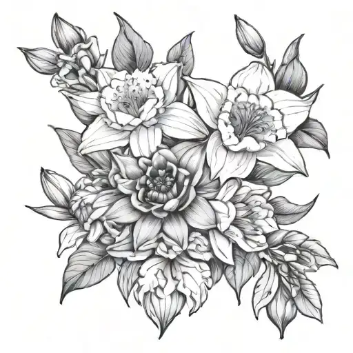 carnation and snowdrop daffodil and jonquil daisy and sweet pea delphinium and water lily collage tattoo design idea