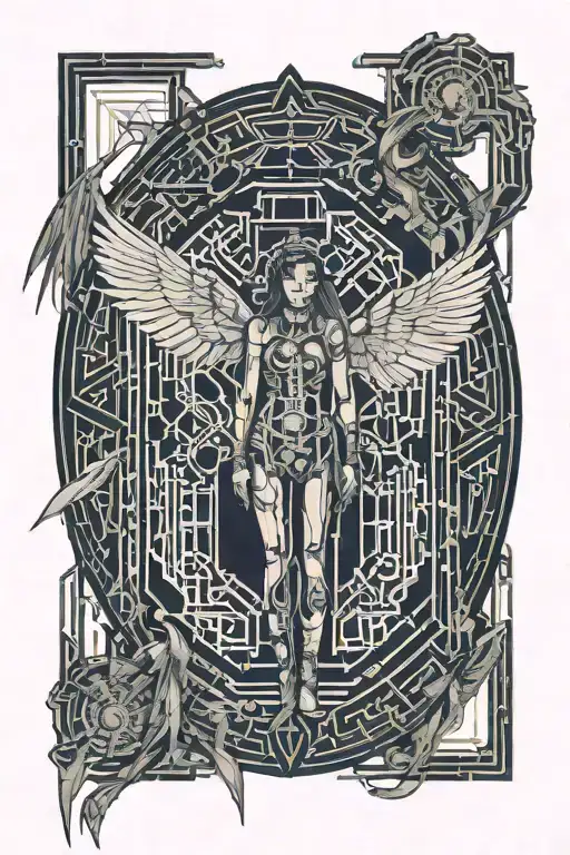 dimensional doors and woman with demon wings with death tattoo design idea