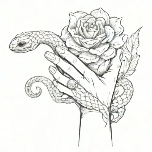 A middle finger gesture intertwined with a snake wrapped around a flower tattoo design idea