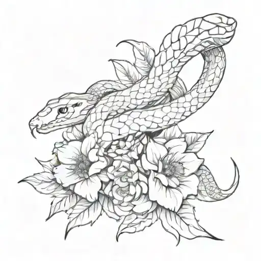 A middle finger gesture intertwined with a snake wrapped around a flower tattoo design idea