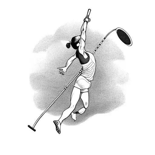 The tattoo features a dynamic pole vaulter in mid-air clearing the vault with a long pole held firmly in their hands. Th tattoo design idea