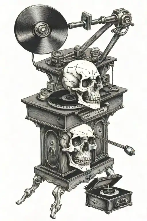A vintage record player with a skull as the needle, inspired by Derek Hess art tattoo design idea