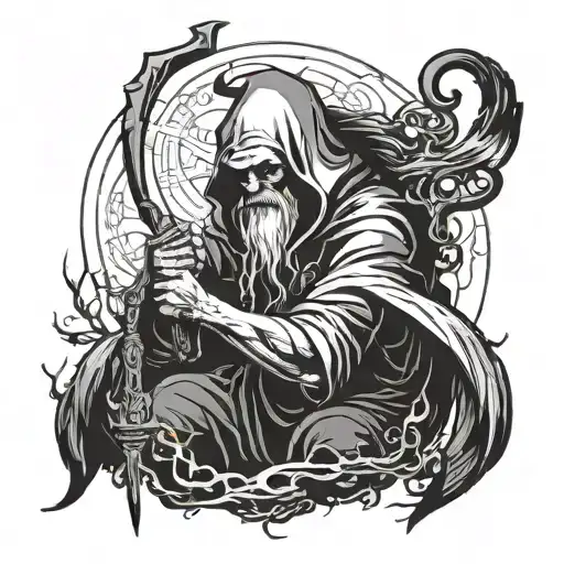 dark hooded old man giving helping hand, scythe in hand, one glowy eye, long hair, horns, gloria, shadow figure tattoo design idea