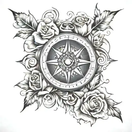 compass and roses tattoo design idea