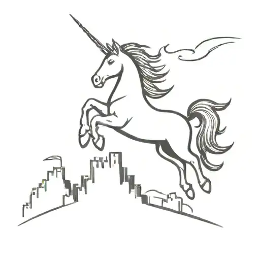 A minimalist silhouette of a unicorn soaring over a castle at sunset tattoo design idea