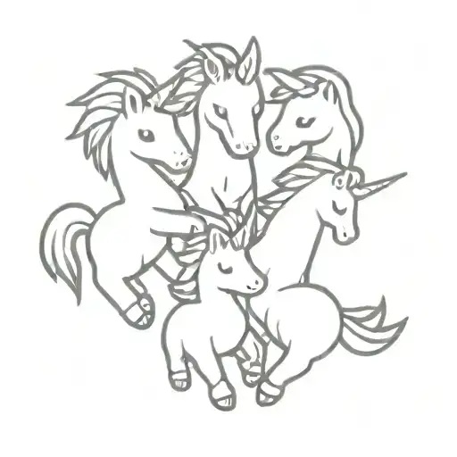 A minimalist design of a group of baby unicorns playing with toys tattoo design idea