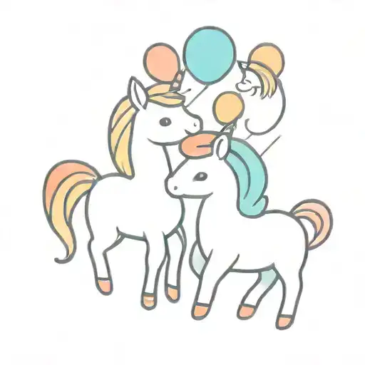A minimalist tattoo of baby unicorns playing with colorful balloons tattoo design idea
