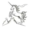 A minimalist silhouette of a unicorn soaring over a castle at sunset tattoo design idea