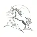 A minimalist silhouette of a unicorn soaring over a castle at sunset tattoo design idea