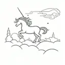A minimalist silhouette of a unicorn soaring over a castle at sunset tattoo design idea