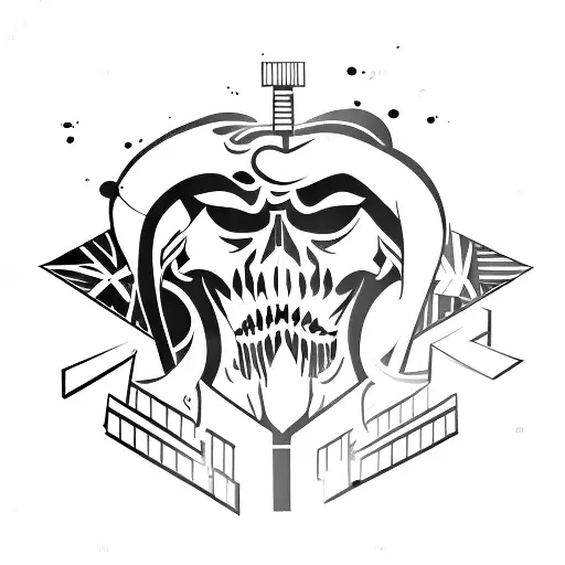 An abstract representation of a battlefield infused with the Latin phrase 'Amor fati' in a minimalist style tattoo design idea