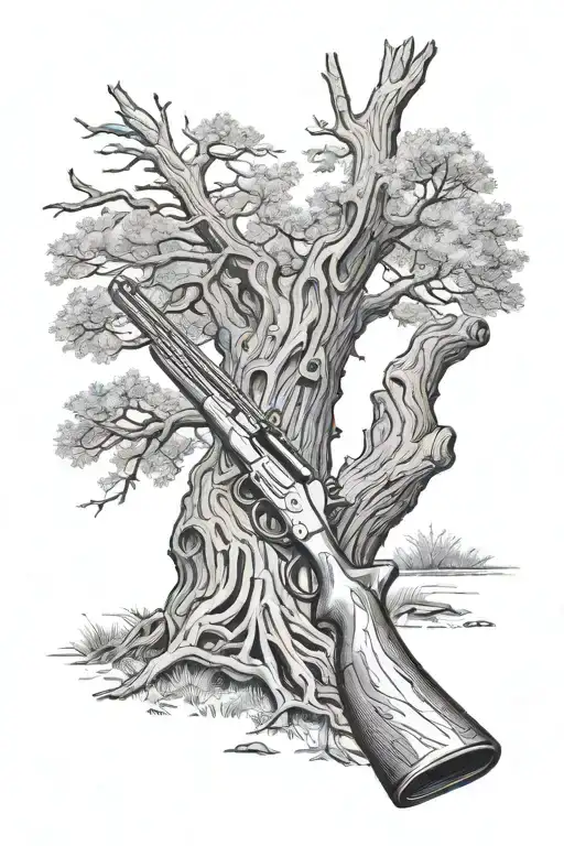 A weathered Winchester 1873 lever action rifle, leaning against a gnarled old juniper tree, left for 100 years.  tattoo design idea