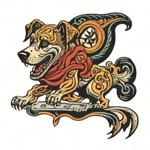 A surreal tattoo of a dog transforming into a piece of art inspired by 90s music videos tattoo design idea