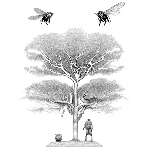 create a drawing of Darwin tree of life. on the tree there is an owl. flying around there is a bee. standing next to it  tattoo design idea