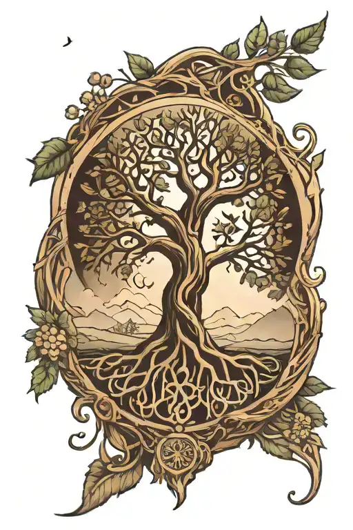 “Create a tattoo sketch in Scandinavian style. In the center there is a depiction of the Tree of Life (Yggdrasil), around it there are tattoo design idea