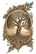 “Create a tattoo sketch in Scandinavian style. In the center there is a depiction of the Tree of Life (Yggdrasil), around it there are tattoo design idea