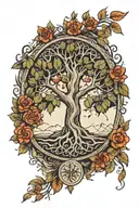 “Create a tattoo sketch in Scandinavian style. In the center there is a depiction of the Tree of Life (Yggdrasil), around it there are tattoo design idea