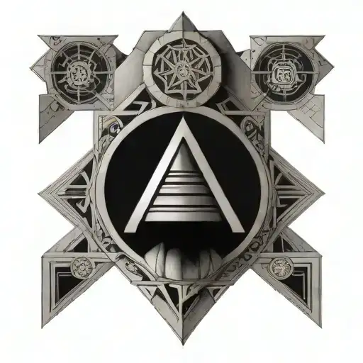 A geometric tattoo design inspired by the architecture of Turin and the ancient Nuragic civilization of Sardinia, with a mix of black-grey shading and dotwork accents tattoo design idea