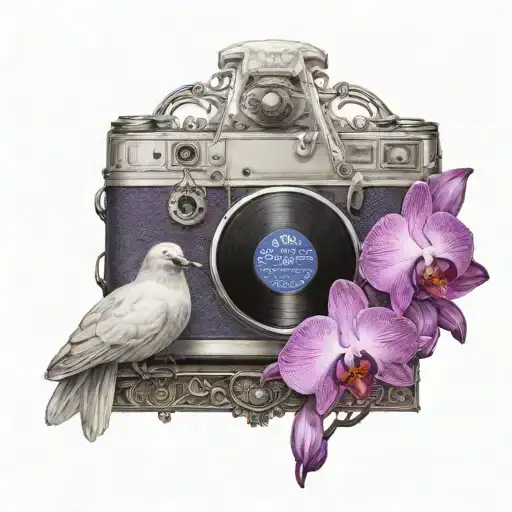 purple orchid in the middle, in front a small white teddybear, a dove flying and in the background is a lp record tattoo design idea