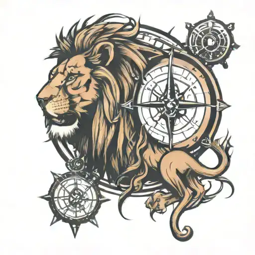 half lion and broken compass tattoo design idea