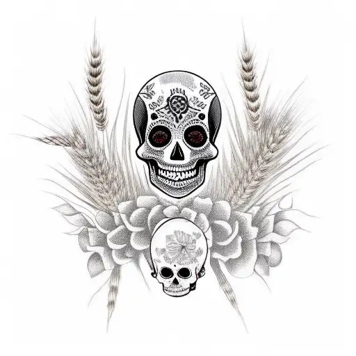 sugar skull with stalks of wheat behind with the words "Death By Gluten" around  tattoo design idea