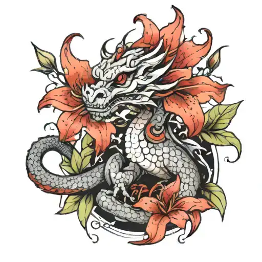 a wingless dragon holds a red lily in its paw tattoo design idea