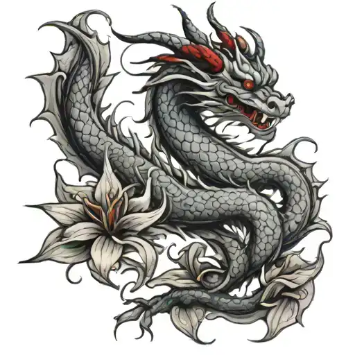 Chinese dragon without whiskers holds a red lily in its paw tattoo design idea