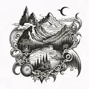travel and mountains and God and devil and life and death and good time and friends  tattoo design idea